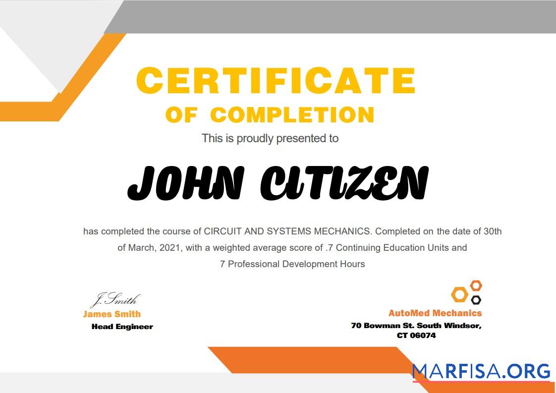 Downloadable USA Mechanic Certificate download for verification